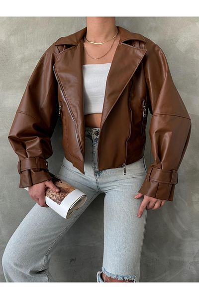 MEECY Kunstlederjacke mit Ballonärmeln