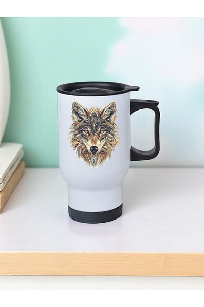 lili hediyelik Colorful Wolf Printed Steel Cup Thermos with Handle 450 ml
