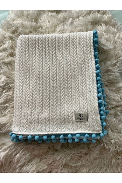 DURU HOME COLLECTİON Mavi Ponponlu %100 Pamuk Örme Triko Bebek Pikesi 100x120