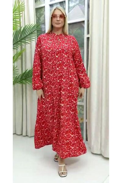 AKŞEN GİYİM Plus Size 100% Cotton Side Pockets Crinkle Flower Printed Half Button Long Dress