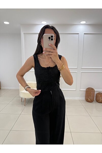 Butik Önden Fermuarlı Dantel Bluz