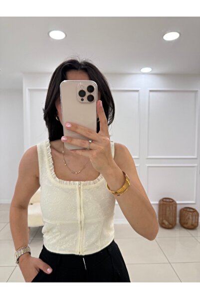 Butik Önden Fermuarlı Dantel Bluz