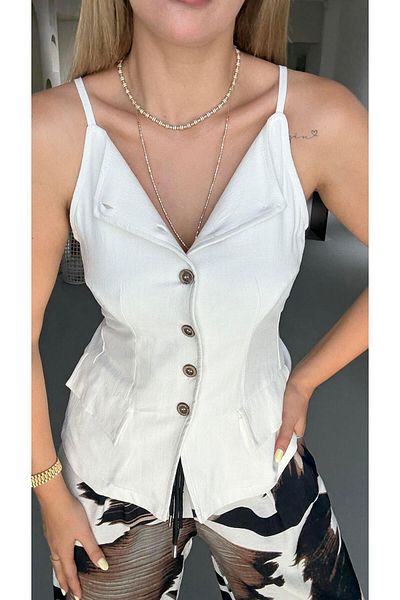 Sezgi Tekin Ecru Vest with Adjustable Waist and Ornamental Pocket Detail
