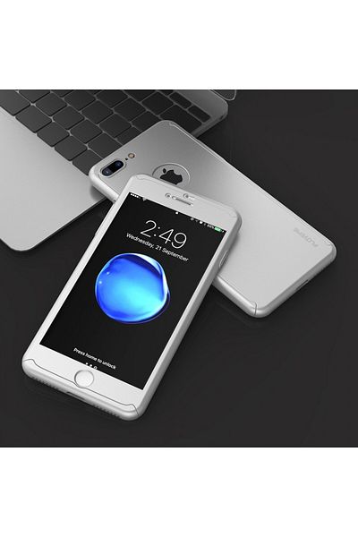 OEM Husă Apple iPhone 7 Plus, Full Body argintie, acoperire completă la 360 de grade cu folie de protecție din sticlă gratuită