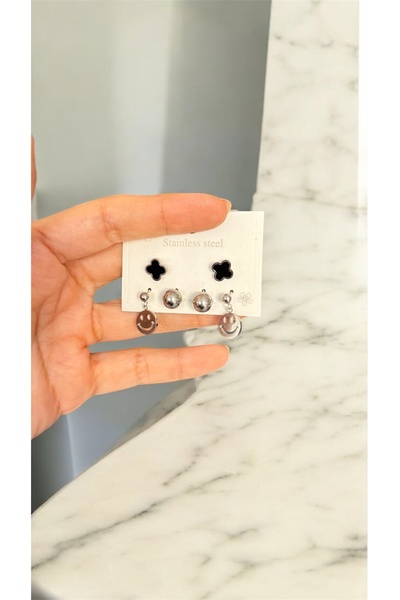Kehribarkolyecimm çelik küpe üçlü set