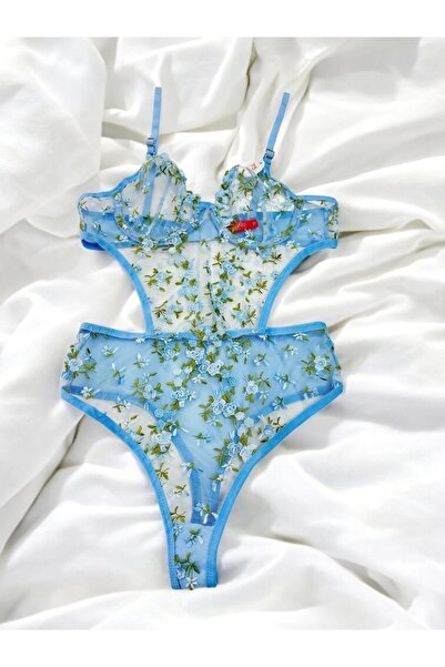 ARONA Kadın Çiçek Desenli Transparan Vücuda Oturan Mavi Bodysuit - 123