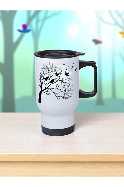 lili hediyelik Birds and Tree Printed Steel Cup Thermos with Handle 450 ml