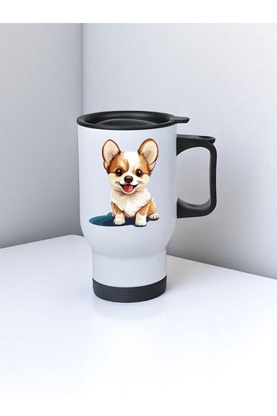 lili hediyelik Sweet Dog Printed Steel Cup Thermos with Handle 450 ml