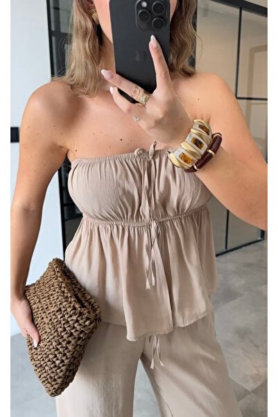 Butik İndigo straplez büzgülü bluz pantolon takım