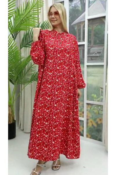 AKŞEN GİYİM Plus Size 100% Cotton Side Pockets Crinkle Flower Printed Half Button Long Dress