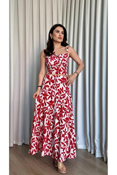 Moda Banuş Red Dress Look Bottom Top Skirt 2 Piece Set
