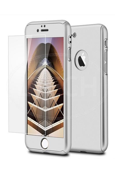 OEM Carcasă Apple iPhone 7, Full Body argintie, acoperire completă la 360 de grade cu folie de protecție din sticlă gratuită