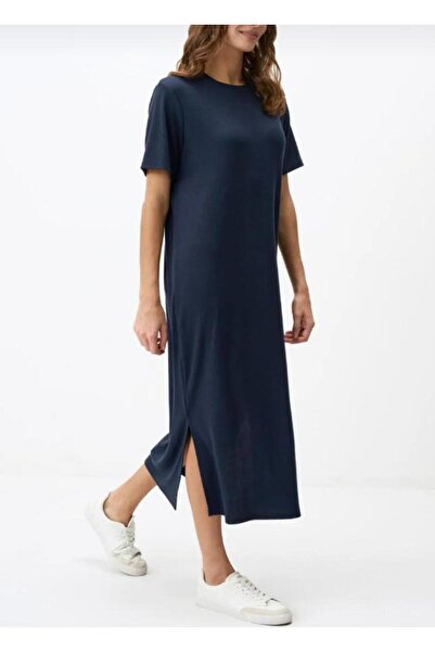 Pupa Kadın Lacivert Kısa Kollu Yandan Yırtmaçlı Midi Boy Penye Elbise