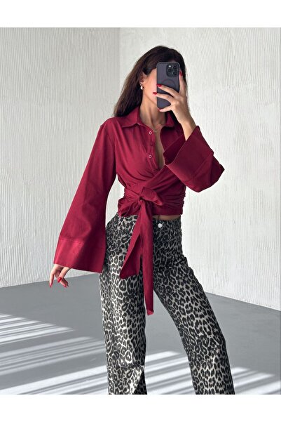 Butik Elmas Kadın %100 Pamuk Dokuma Bordo Kruvaze Gömlek