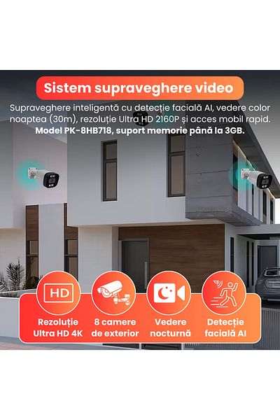 Spionescu Complete 4K surveillance kit with DVR and 8 outdoor cameras PK-8HB718, AI facial detection