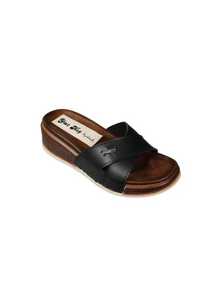 Yaz Kış Ayakkabı Yazkiş Women's Black Red Copper 5cm Wedge Cork Sole Slippers