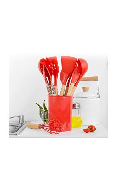 SIKS Set of 12 SIKS Food Grade Silicone Utensils, SPA12, With Wooden Handle, Red