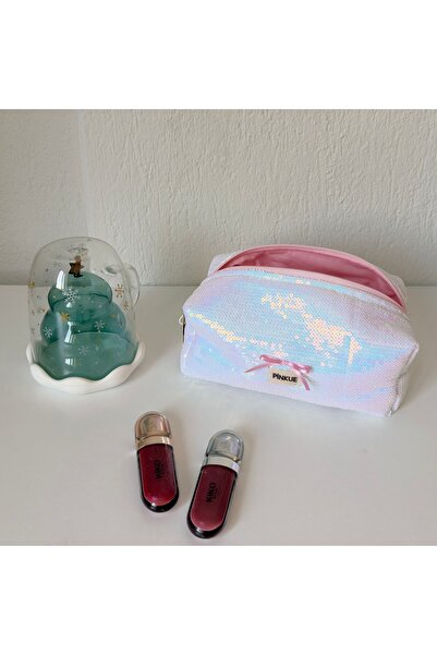 PİNKUE Holografik Büyük Boy Payetli Makyaj Çantası/ pullu