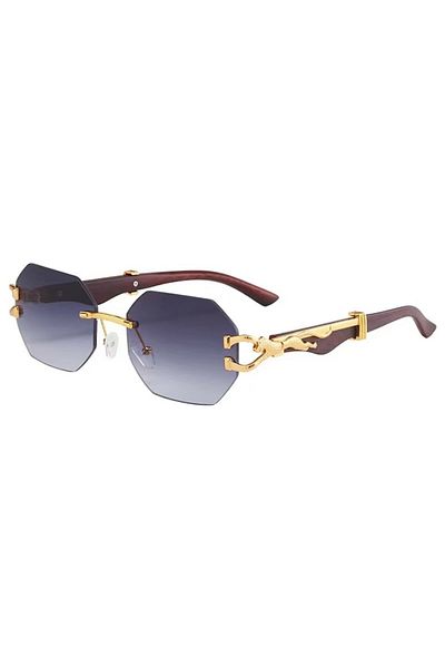 Tessero Rectangular Sunglasses, Retro Vintage Model, Leopard Details, Imitation Wood, Rimless, UV400 Protect