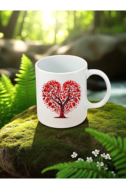 lili hediyelik White Mug with Heart Red Tree Printed - Birthday Gift for Fath...