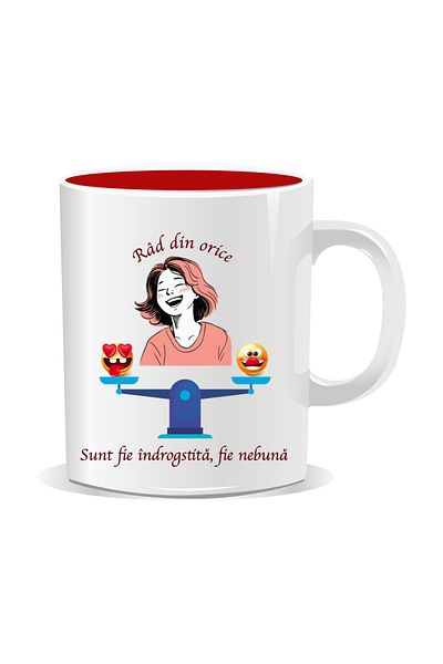 OEM Personalized mug with funny message, I laugh at everything. I'm either in love or crazy - Red interior