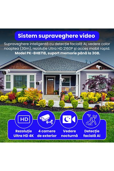 Spionescu Complete 4K surveillance kit with DVR and 4 outdoor cameras, PK-8HB718, AI facial detection