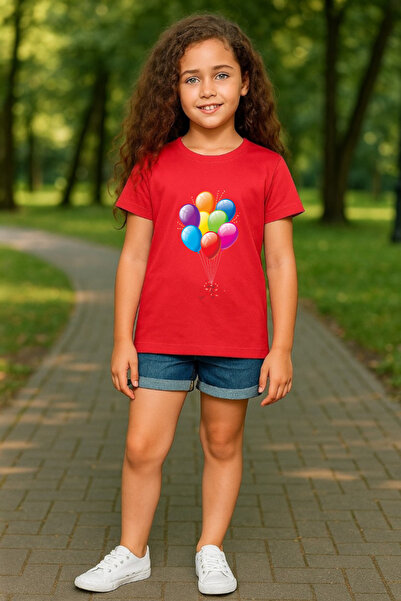 Windy Island Children's Crew Neck Unisex Flying Balloons Printed T-Shirt