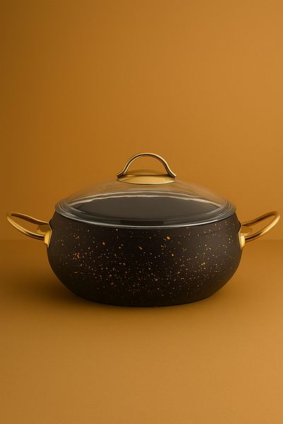 YUNUSOĞLU HOME Granite XXL Pot 30 Cm– 7.5 Liters, Gold Handle, Fireproof Non-Stick, Glass Lid