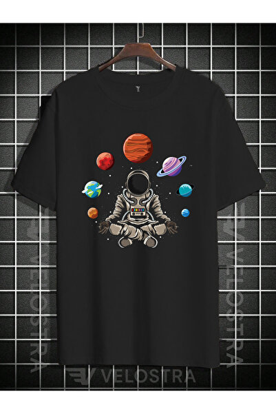 Velostra Imprimare unisex cu astronauți și planete supradimensionat tricou