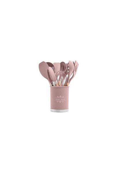 SIKS ® kitchen cooking utensils, 13 pieces, non-stick, silicone with wooden handle, pink/natural