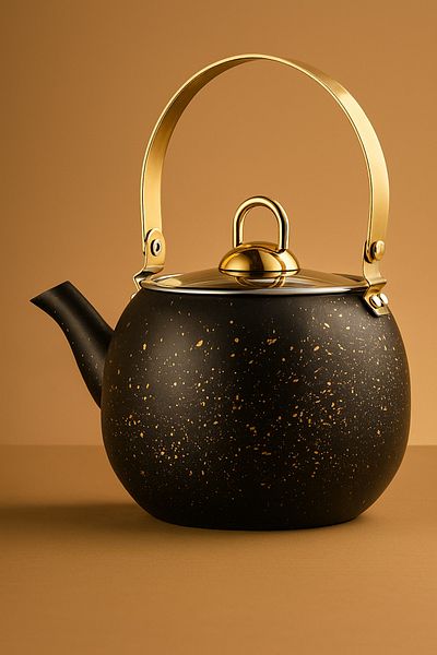 YUNUSOĞLU HOME 1 Liter Black Granite Herbal Tea Pot with Gold Handle – Induction Steel Teapot