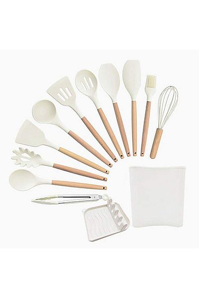 SIKS Premium Kitchen Utensil Set, 13 Pieces Made of Wood and Food Grade Silicone, Heat Resistant
