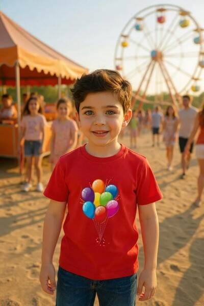 Windy Island Children's Crew Neck Unisex Flying Balloons Printed T-Shirt