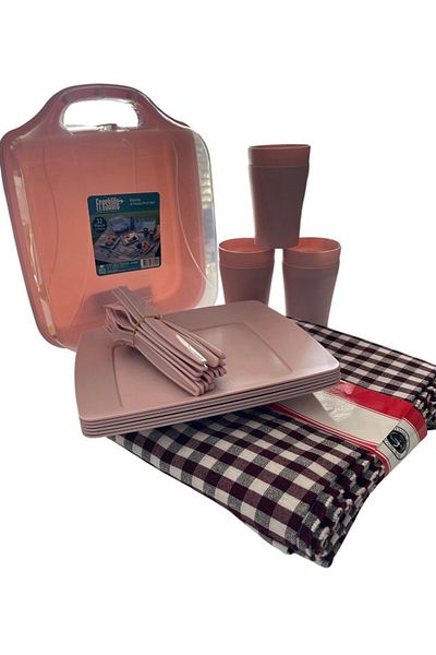 BHR TEMİZLİK -Picnic Set 32 Pieces for 6 People with Glass, Fork, Spoon, Flat Plate and Cover