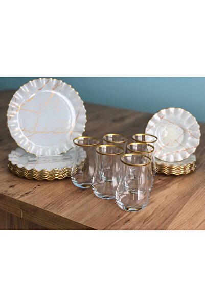 B&M Beyaz Mermer Desenli Kıvrımlı 18 Parça Çay Keyfi Seti