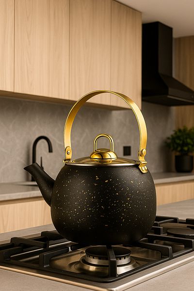 YUNUSOĞLU HOME 1 Liter Black Granite Herbal Tea Pot with Gold Handle – Induction Steel Teapot