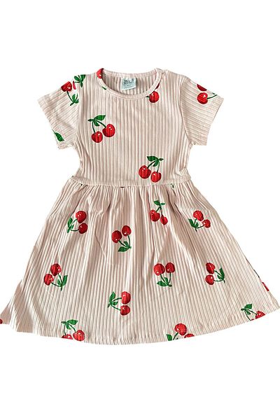 BY-GRİ By-Grey Cherry Patterned Short Sleeved Girl's Dress