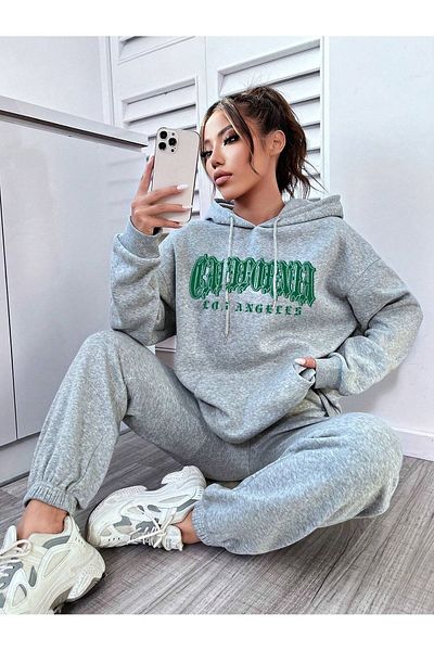 Boi California Tracksuit - Gray Printed Bottom Top Set Jogger Sweatshirt Rubber Leg Hooded