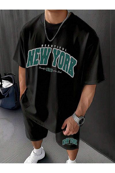 Boi New York 1513 T-Shirt Shorts - Black Shorts T-Shirt Bottom Top Set Printed Crew Neck