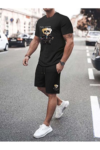 Boi Take A Look Bear T-shirt Shorts Combination Suit 2 Piece - Black, Printed, Oversize, Crew Neck