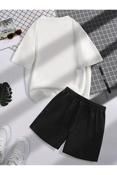 Boi Believe 21 T-Shirt Shorts Combination Set - White Black Printed Oversize Crew Neck