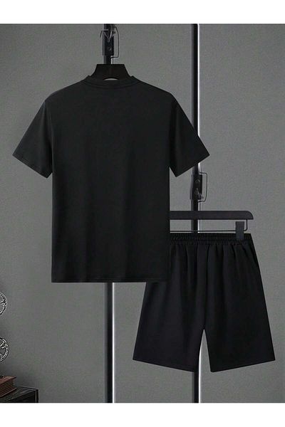 Boi Paris Horizontal Line T-Shirt Shorts - Black Shorts T-Shirt Bottom Top Set Printed Crew Neck