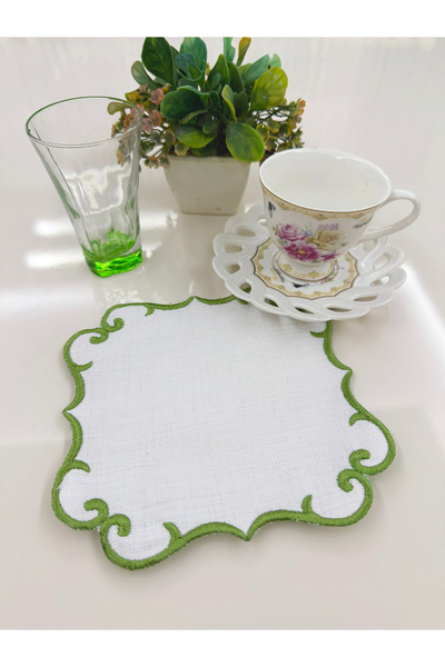 AYNAKIŞÇEYİZ 6 Adet Kare Simetrik Sarma Nakışlı Kahve Yanı Kokteyl Peçetesi &...