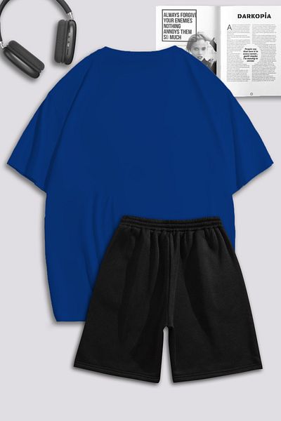 Boi Sax Blue Blacketernal Glory T-Shirt Shorts Combination Set - Printed Oversize Crew Neck