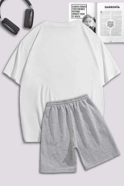 Boi White Gray Mini Spider T-Shirt Shorts Combination Set - Printed Oversize Crew Neck