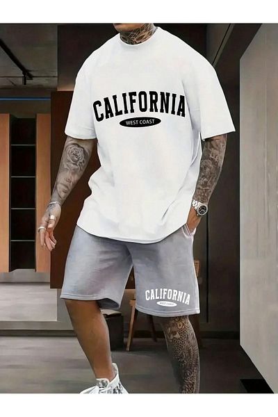Boi California West Coast T-Shirt Shorts - White Gray Shorts T-Shirt Top Bottom Set Printed Crew Neck