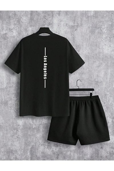 Boi Los Angeles Stripe Line T-Shirt Shorts - Black Shorts T-Shirt Bottom Top Set Printed Crew Neck