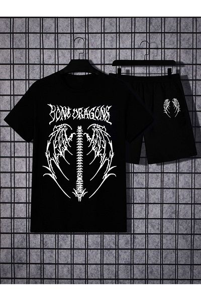 Boi Bone Dragons T-Shirt Shorts - Black Shorts T-Shirt Top and Bottom Set Printed Crew Neck