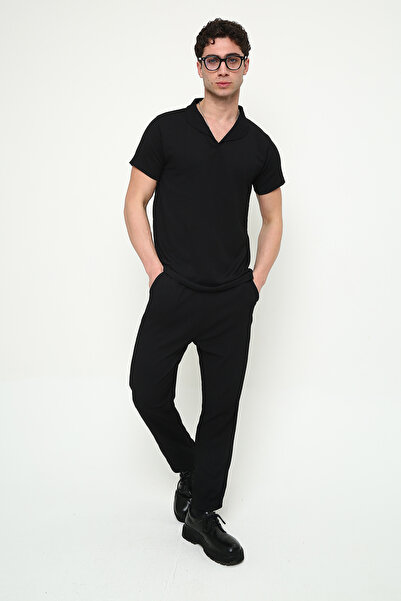 Boi Men's Black Wrinkled Crinkle Fabric T-Shirt and Pantalon Set – Summer Lycra Short Sleeve Baby Collar