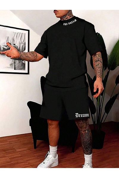 Boi The Dream Collar Detail T-Shirt Shorts - Black Shorts T-Shirt Bottom Top Set Printed Crew Neck